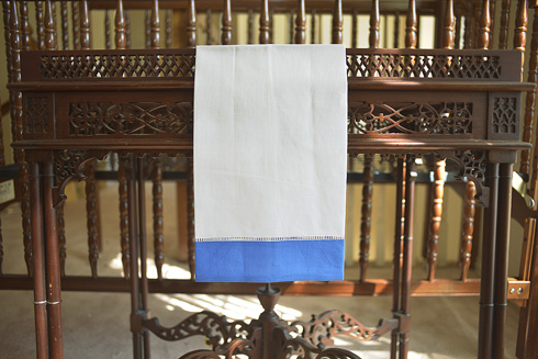 White Hemstitch Guest Towel with Black border Marina Blue border - Click Image to Close